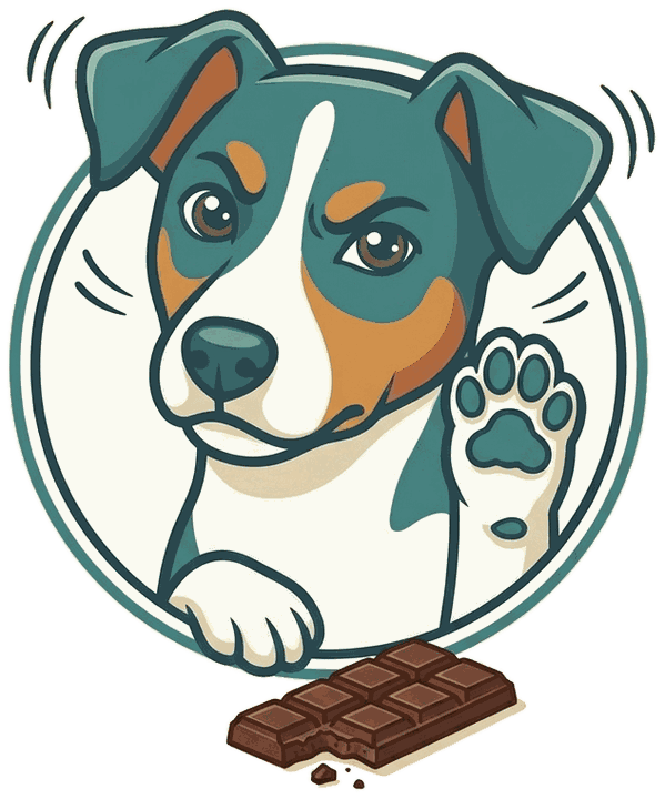Cartoon of Max frowning and shaking his head, paw raised to say no, with a bar of chocolate in front of him