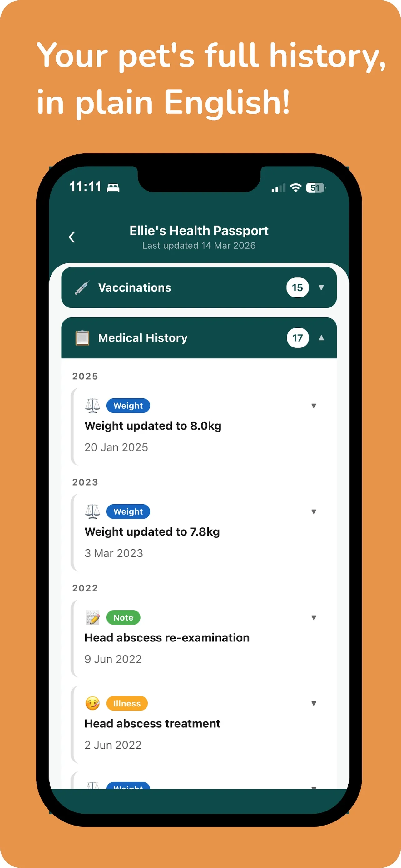 Pet Health Passport showing full history