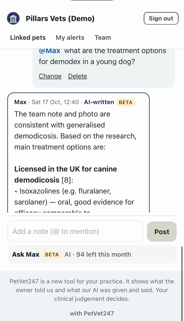 A team note asking @Max about treatment options for demodex, and Max's answer with sources