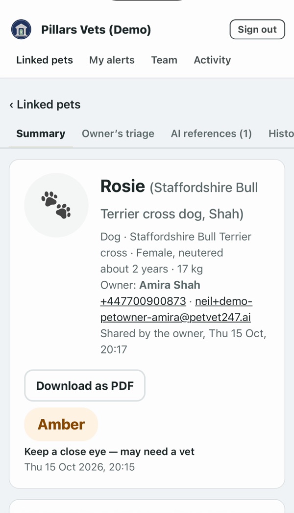 Vet page summary for Rosie, a Staffordshire Bull Terrier cross: owner details, Download as PDF, amber result